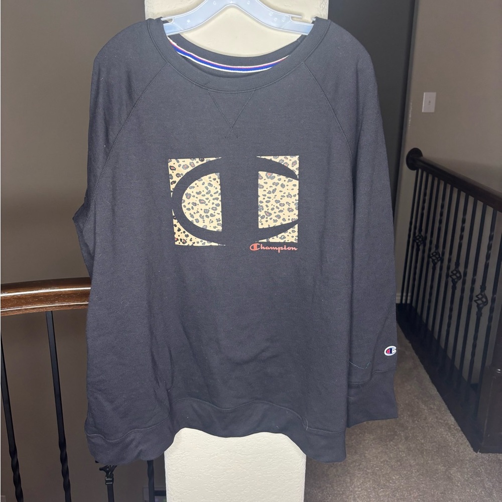 Champion Black Crewneck with Leopard Accent Cotton Blend Size 3X Sporty Mobwife